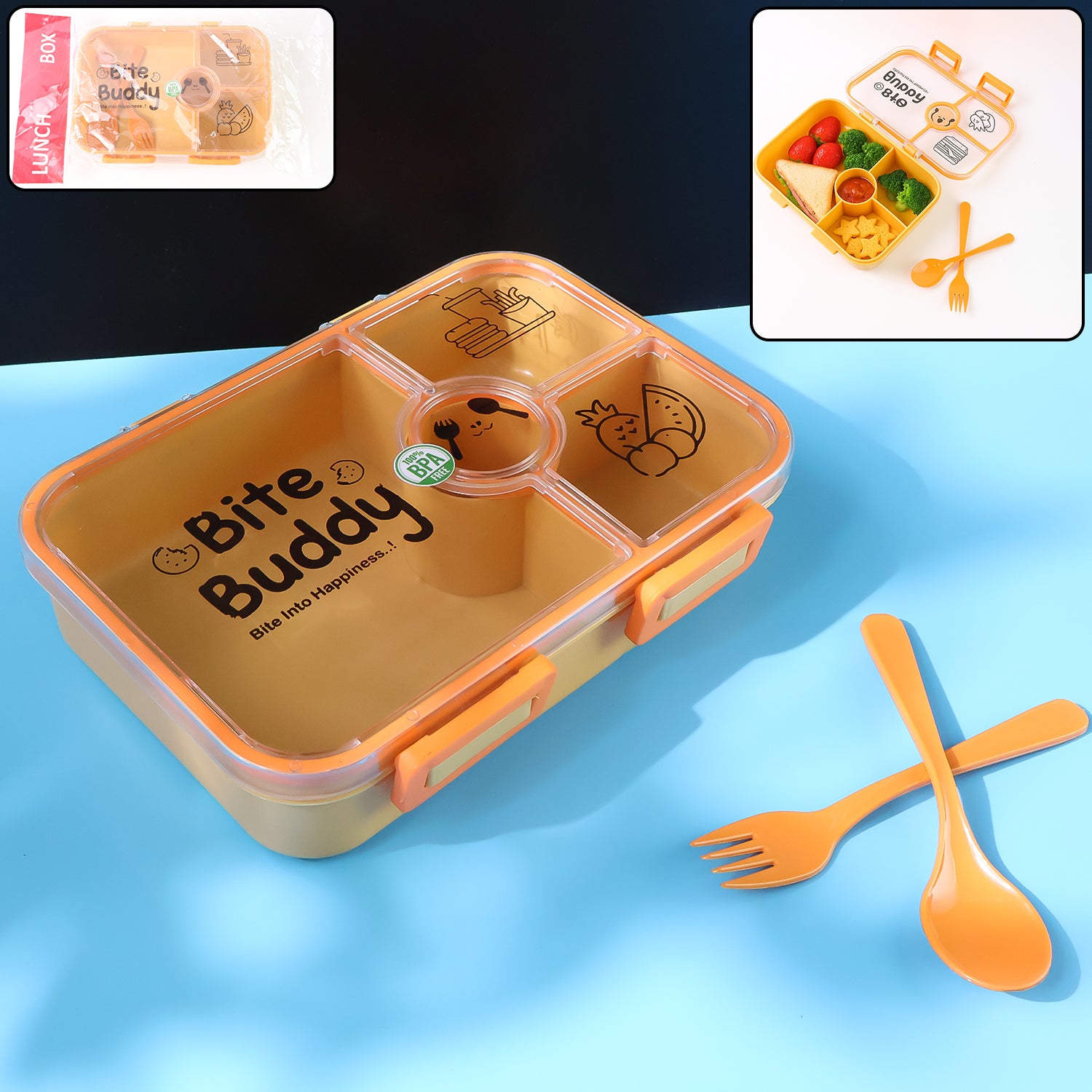 Bite Buddy 4-compartment Leak-resistant Plastic Lunch Box With Spoon  Fork Bite Buddy 4-compartment Leak-resistant Plastic Lunch Box With Spoon  Fork